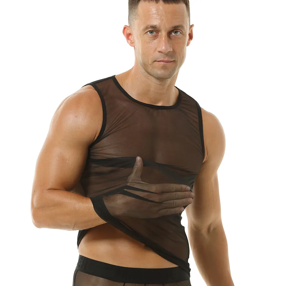 Men's Sheer Mesh Sleeveless Tank Top See-Through Stretchy round Neck Breathable Soft Lightweight Sexy Undershirt