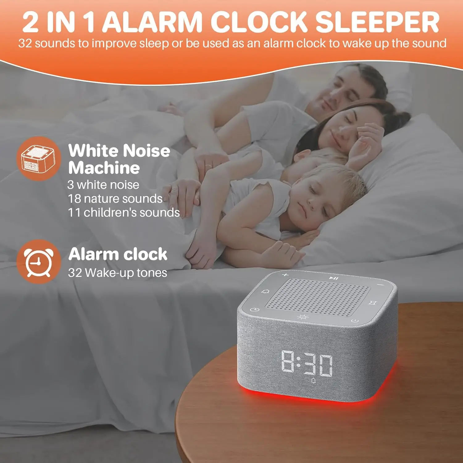 Mesin Suara White Noise 3 in 1 dengan 32 Suara & Jam Alarm & Lampu Malam, Jam Alarm untuk Kamar Tidur dengan Speaker Nirkabel
