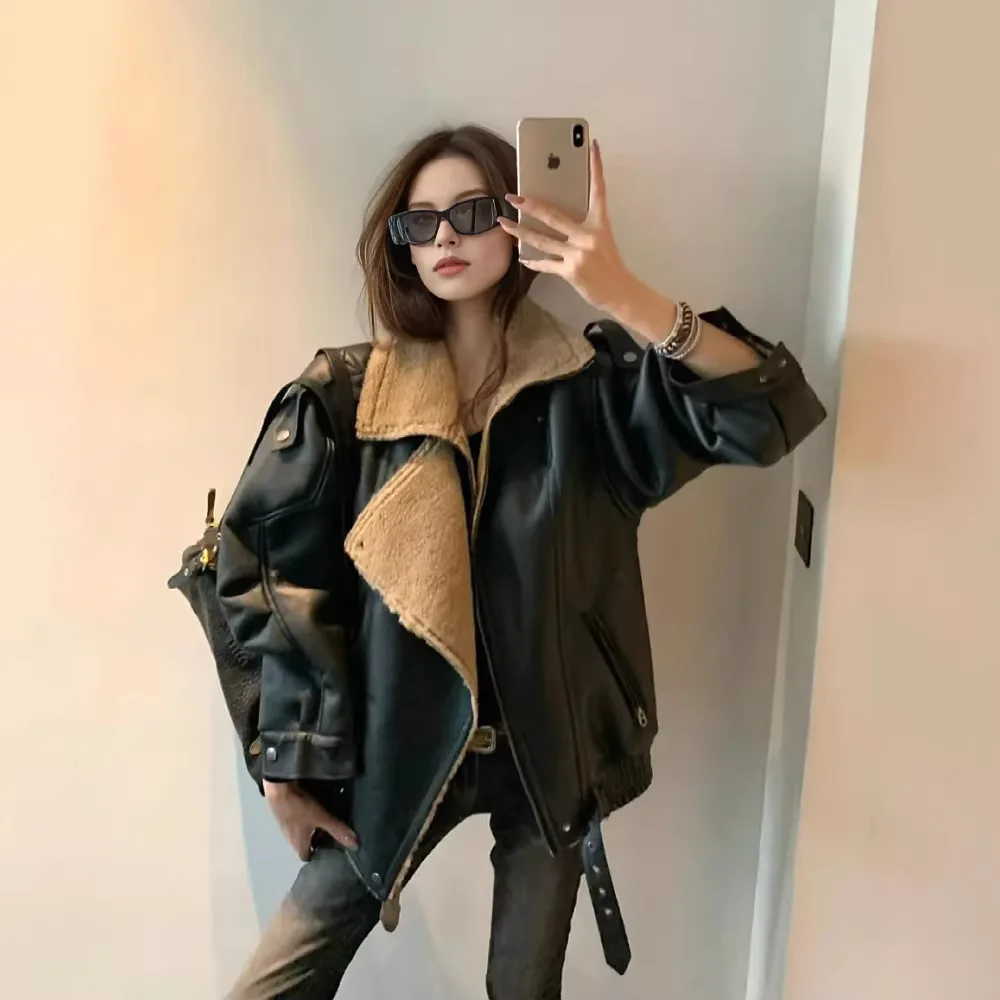 

Lamb Fur Jaet Women's Winter Warm Windproof Loose Fit Collar Faionable All-Match Outerwear Eco-friendly Leather