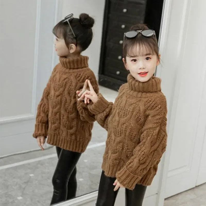 New Autumn Winter Baby Girls Solid Warm Knitted Sweaters Turtleneck Casual Criss-Cross Pullovers Teenager Thick Clothes X09