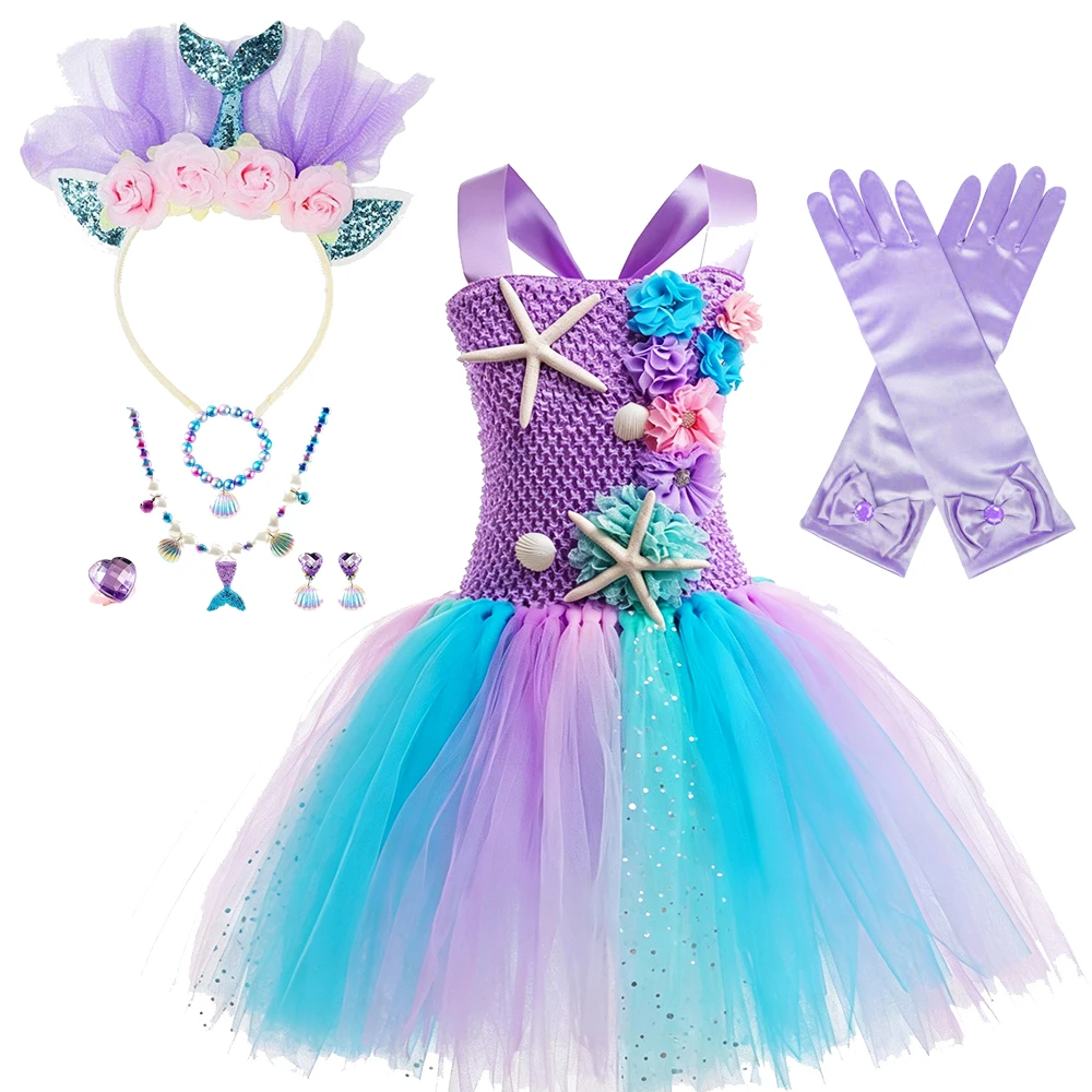 Meerjungfrauen-Kostüm Tutu-Kleid für Mädchen Ärmelloses Tüllkleid Prinzessinnenkrone Zauberstab Halskette Handschuhe für Mädchen Halloween Geburtstagsfeier – Detail 7