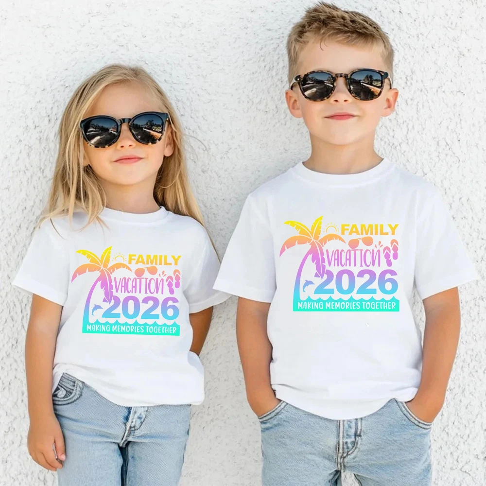 2026 Family Vacation Matching T Shirts Palm Tree Graphic Print Mommy Daddy Kids Baby Tops Look Family Travel Beach Tees Outfits