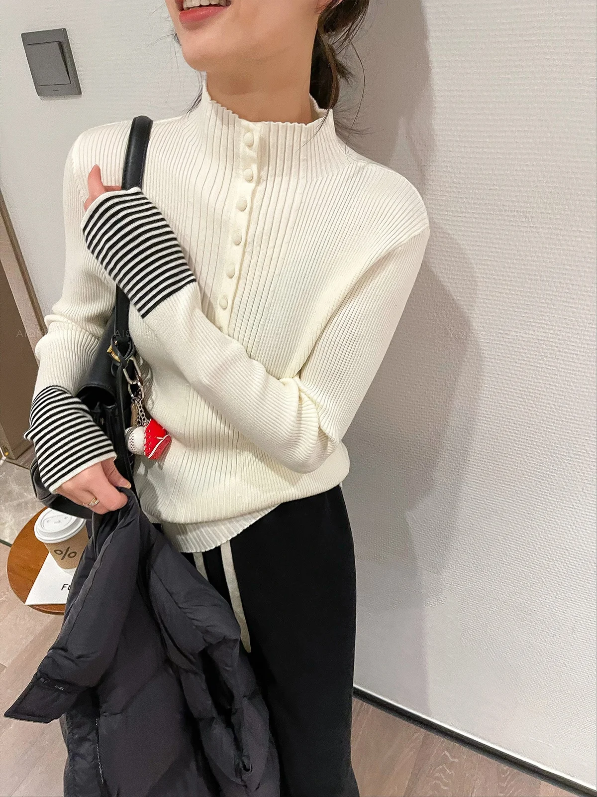 

Love Devil Fi Knitted Long Sve Color Blo Neline Women's Base Top Spring 2026 Commute Sle Slim Fit Korean Version