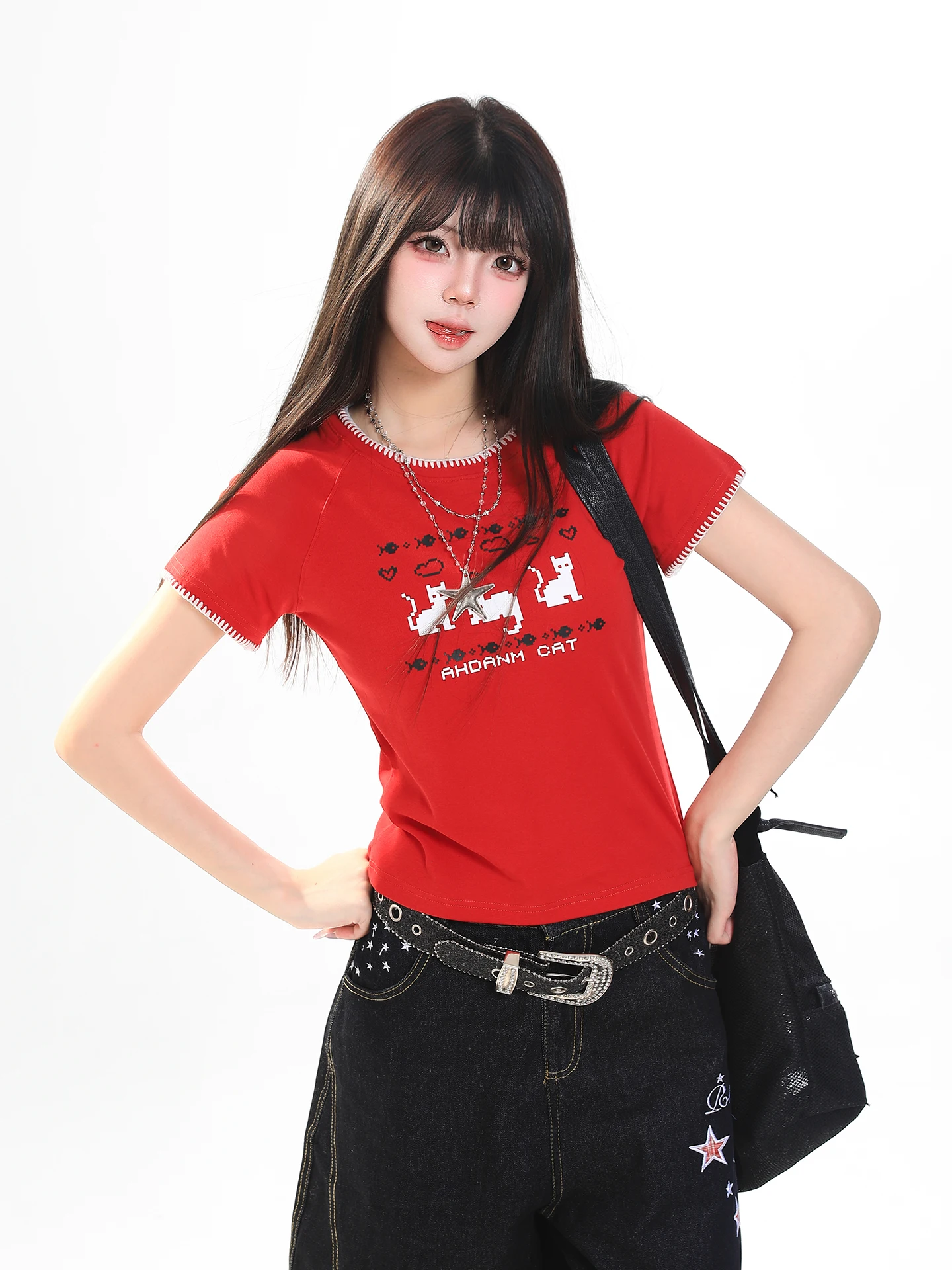 

Sweet Cool Spicy Girl Cartoon Print Short Sleeve Slim Fit Beautiful Age-Defying High-End Feeling Women's T-shirt Summer Casua...