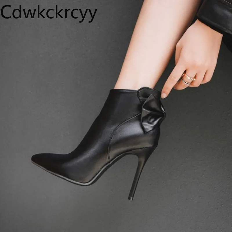 Winter Der neue Mode im britischen Stil Spitz High Heel 10CM Damenstiefel rot süße Schleife warm halten High Heel Damenstiefel Größe 34-48