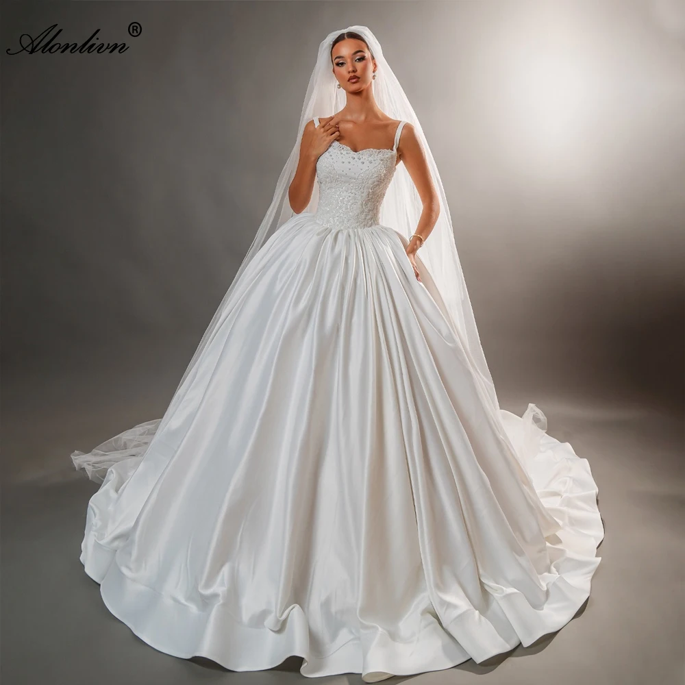

Alonlivn Custom Made Luxury Satin Ball Gown Wedding Dresses Spaghetti Straps Sleeveless Beaded Pearls Embroidery Bridal Gowns