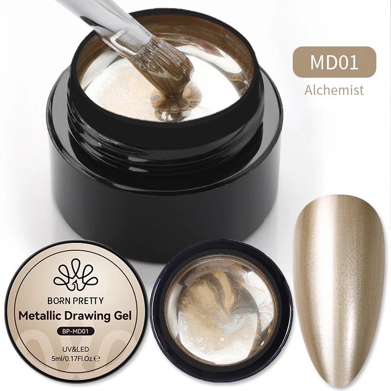 BORN PRETTY 5ML Gold Metallic Gel Polish Silber Spiegeleffekt Französisches Design Linien- und Blumenzeichnungsgel UV Soak-Off Lack Maniküre