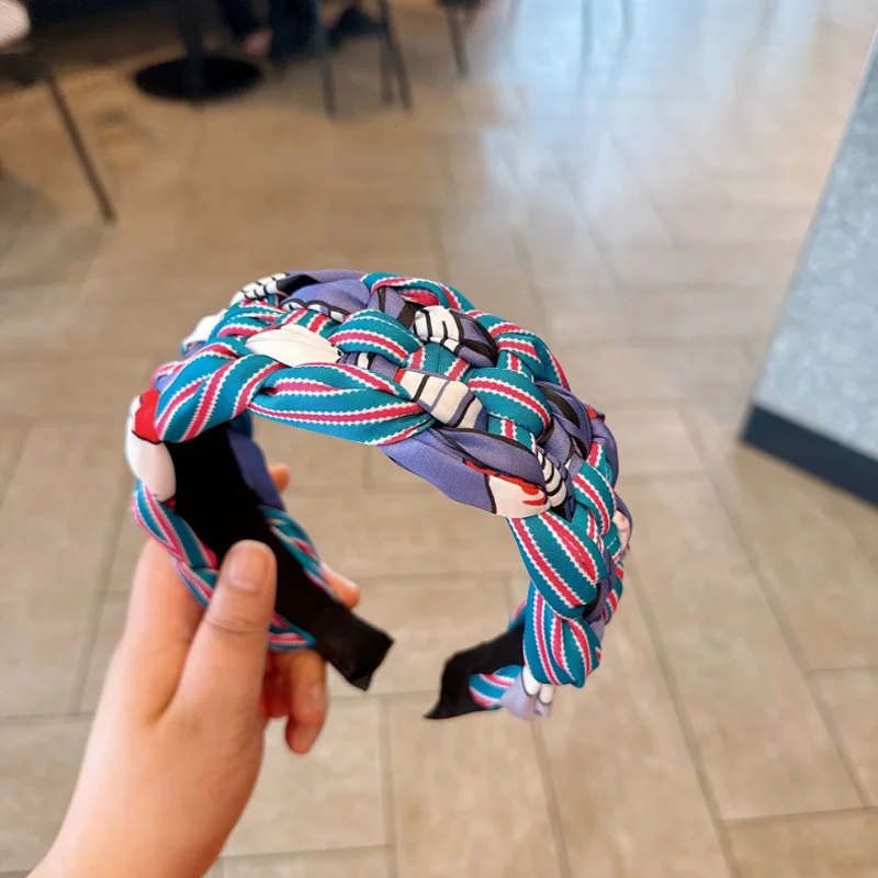 

Sweet Pink Blue Print Woven Braid Hair Hoop Hairband Girls Vacation Pressed Hair Headband Hairpin Women Hair Clip Headwear
