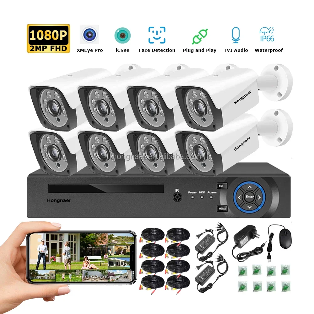 2026 Hongnaer 2MP Outdoor Home 8 Channel Digital Video Recorder IP Surveil Security Camera Set Kit System Analog CCTV Camera Sys