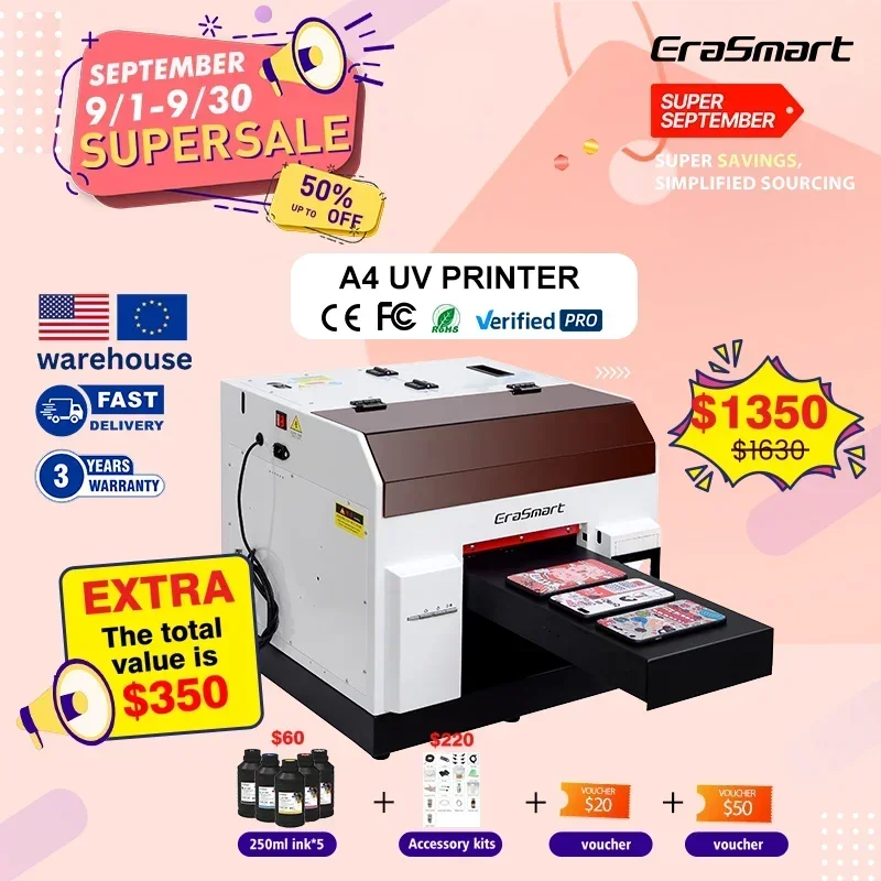 EraSmart Small Desktop Digital Automatic Inkjet A4 A3 Uv Flatbed L800 6090 Mobile Cover Phone Case Printing Machine UV Printer
