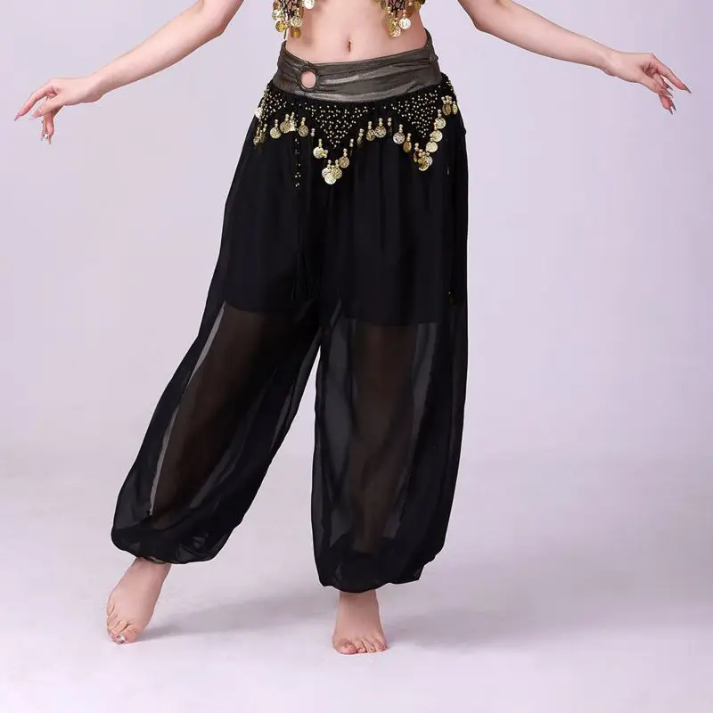 Women Belly Dance See-Though Loose Pants Female Stage Performance Costume Side Split Sequins Bloomers Semi Dancewear