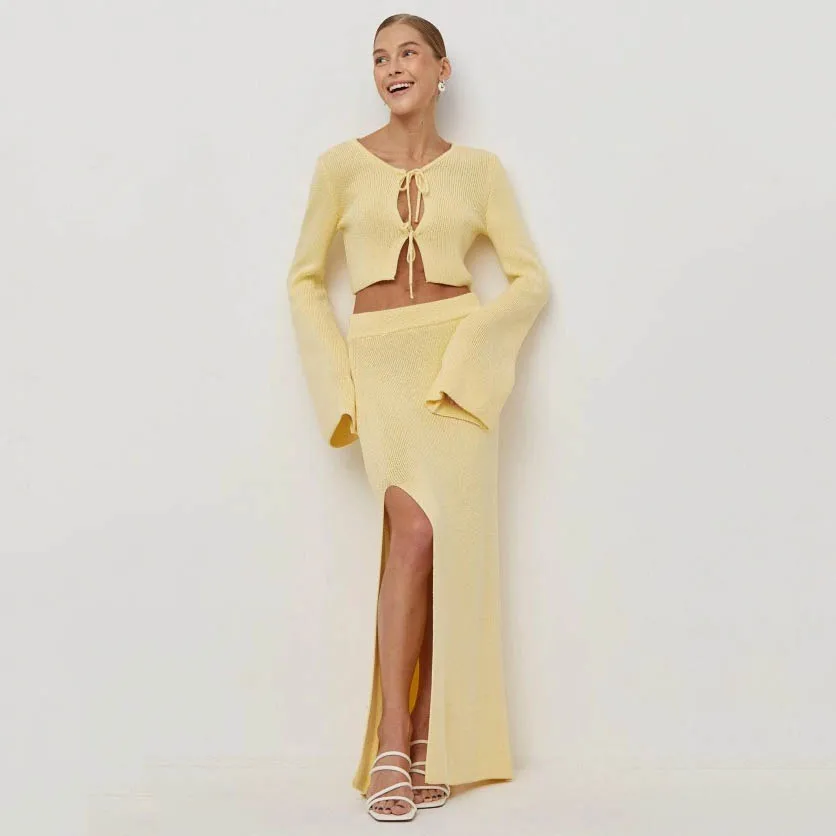 RU Tie Front Cropped Knit Two Piece Outfit Flare Sleeve Top High Slit Maxi Skirt Sets Slim Ribbed Knit Elegant Outfit