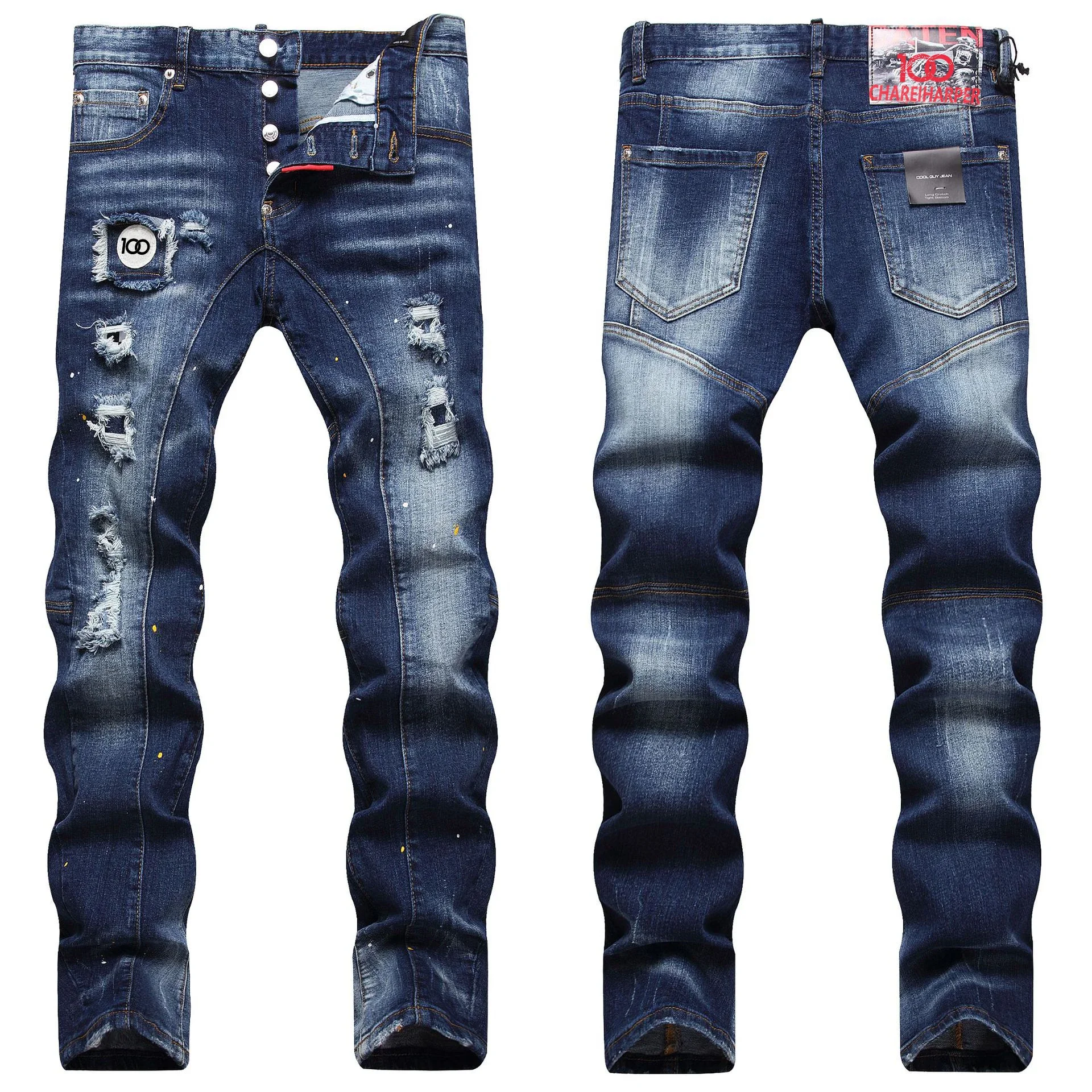 

chareiharper plus size dsq099 Men's fashion trend Spin paint skinny stretch slim embroidered badge small foot jeans