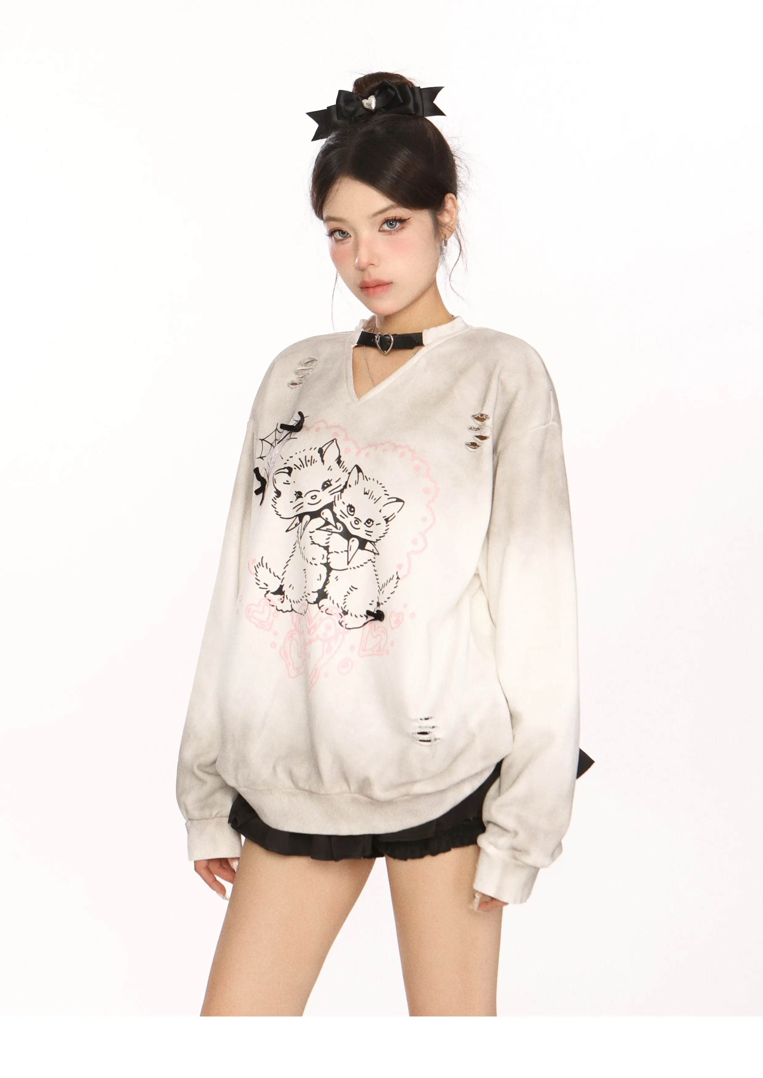 Casual Ripped Sweatshirts Women Y2K Cat Print Heart Choker Long Sleeve Loose Hoodies Sweet Pullover Fashion Clothing Harajuku