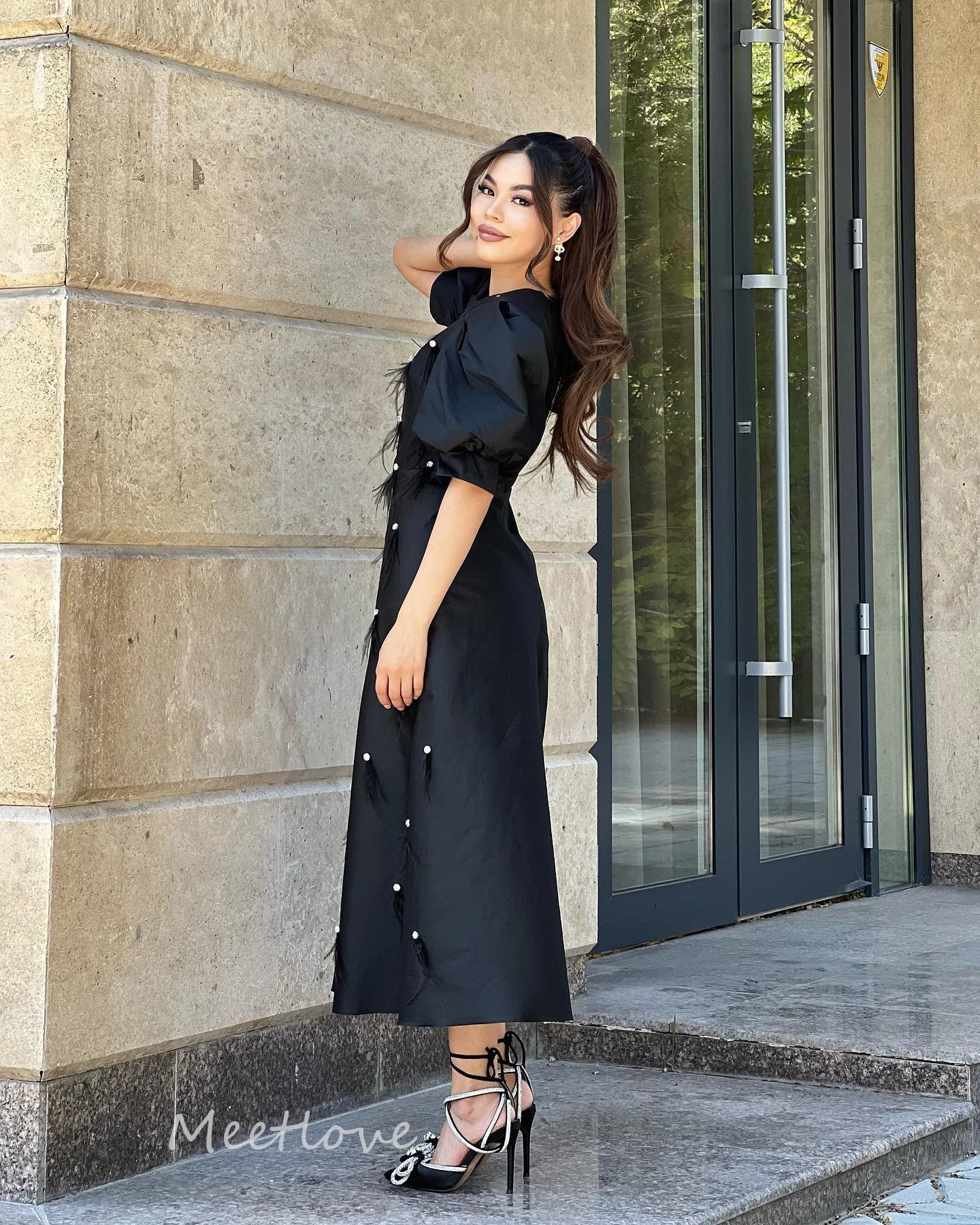 Meetlove-Vestidos De graduación con cuentas negras, vestido De noche De corte A, Vestidos De Gala para Mujer, vestido Formal De fiesta De noche hasta el tobillo