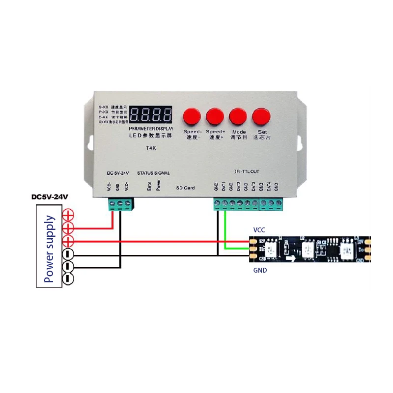 Controller di luce pixel LED programmabile con scheda SD con uscita TTL reale 4CH T4K, supporta IC a filo interamente singolo come 1903, 1814, 2812