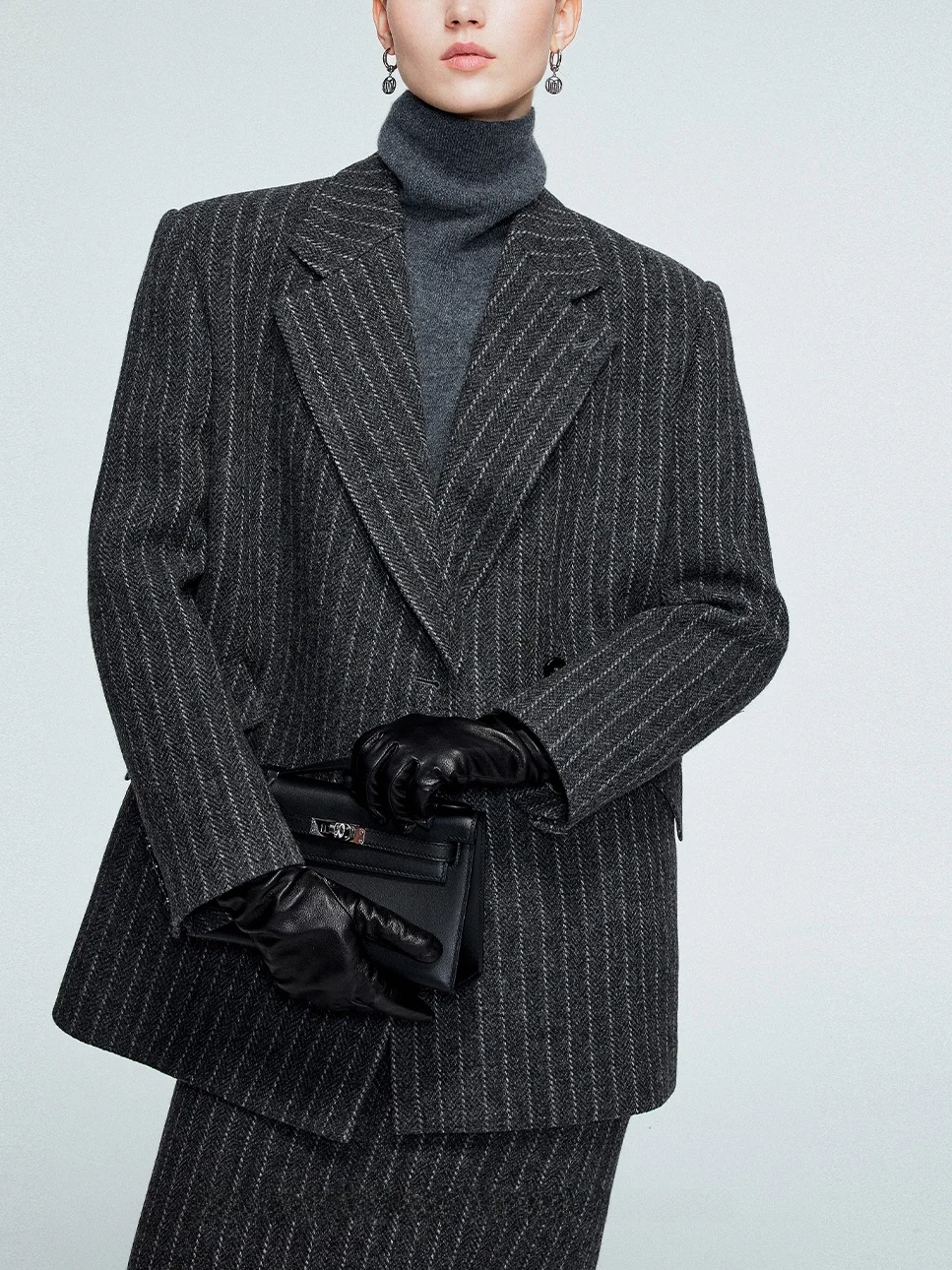 

Blancwing Classic Power Suit Double-Breasted Woolen Tweed Skirt Set with Color-Woven Stripes Busin Warm Thiened Long Sve