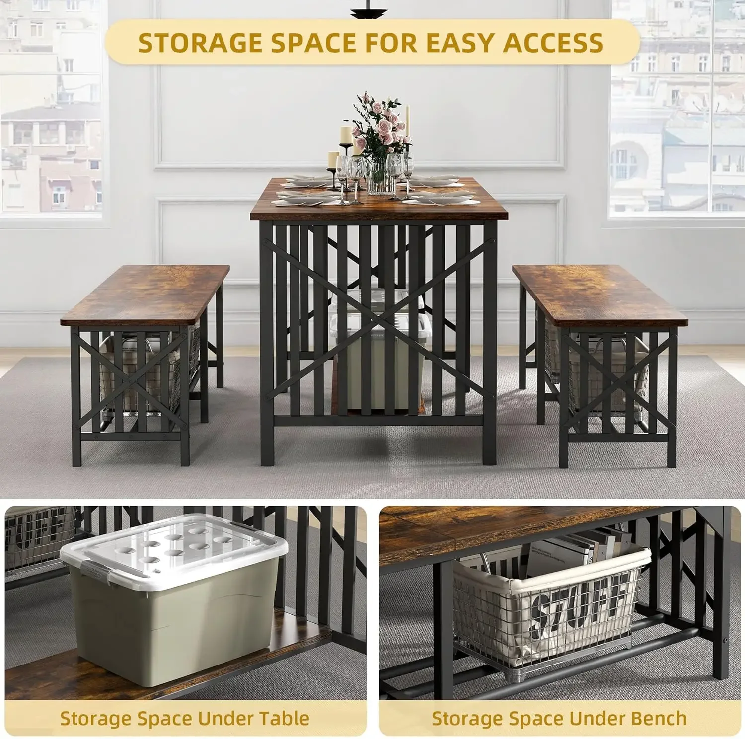 63" Dining Room Table with 2 Benches, Industrial Rectangular Dining Room Table Set with Storage for Kitchen