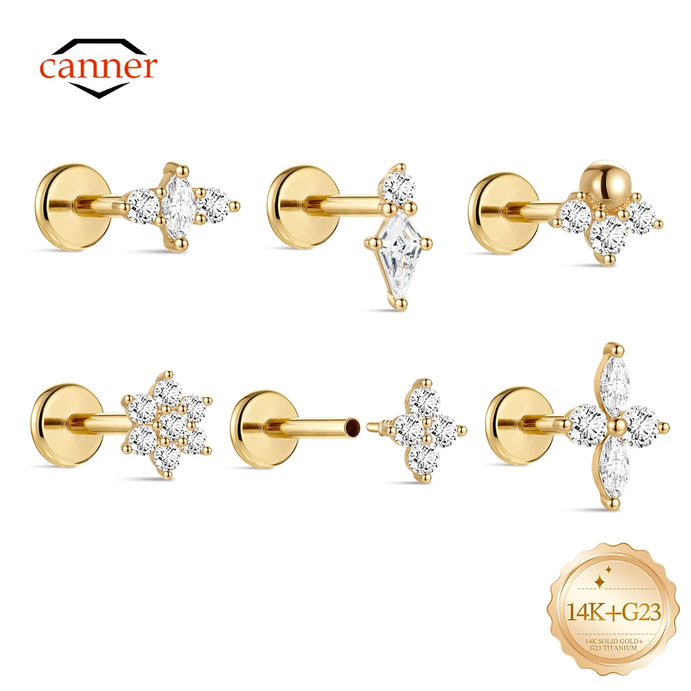 CANNER 1PC 14K Solid Gold Moon Star Butterfly Dainty CZ Cartilage Piercing Flat Back Stud Earrings for Women Girls Party Gift