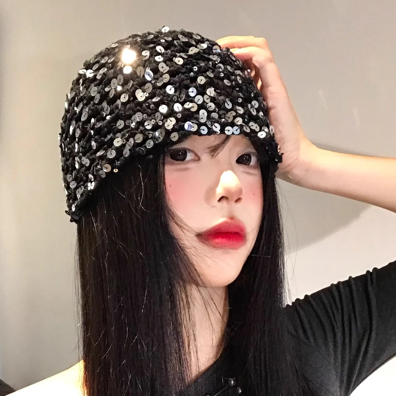 Personalized Sequined Woven Hollow Pullover Hats Women Summer Autumn Travel Fashion Versatile Show Face Small Retro Y2K Beanies