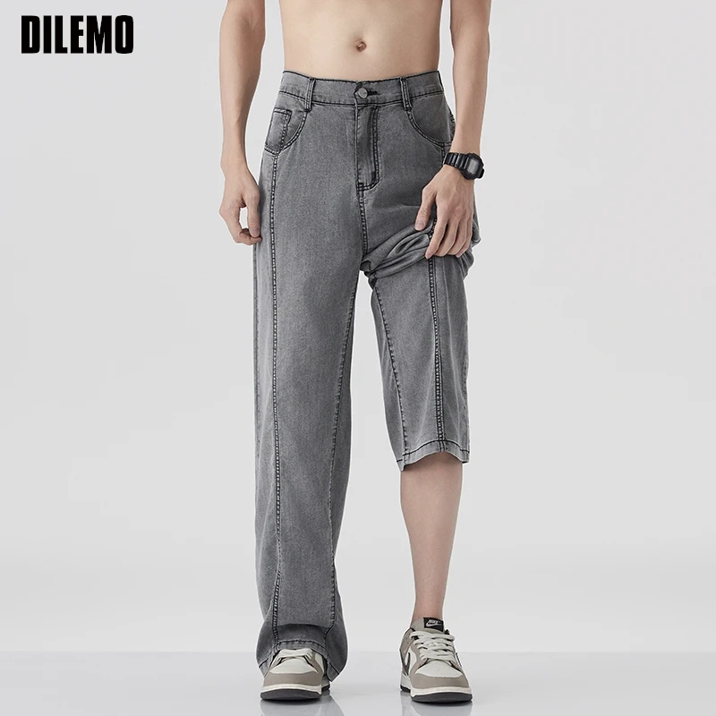 

Top Quality Lyocell Fabric New Brand Casual Fashion Japanese Loose Fit Jean Pants Straight Stretch Denim Trousers Men Clothes