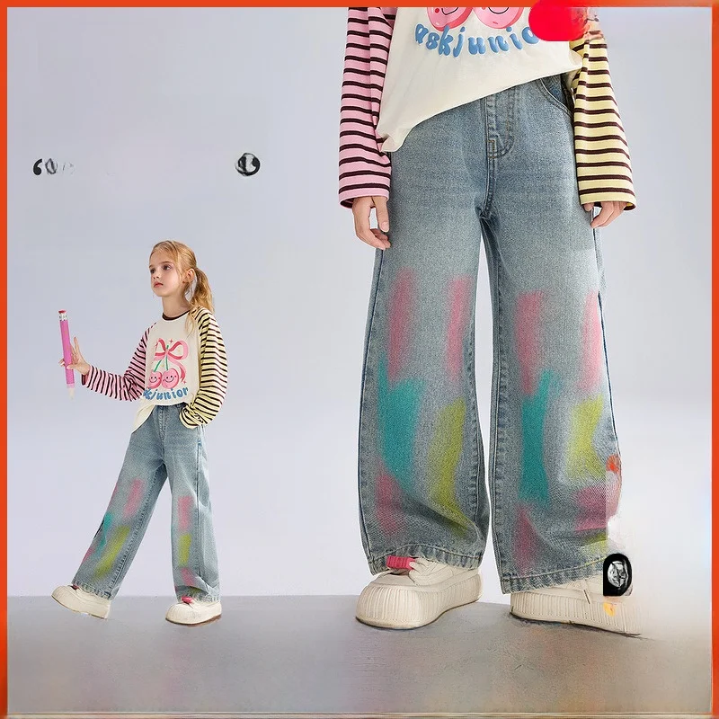 children's-casual-denim-pants-smear-ink-coloring-cotton-blend-fabric-elastic-waist-long-pants-for-girls-autumn-new-arrival