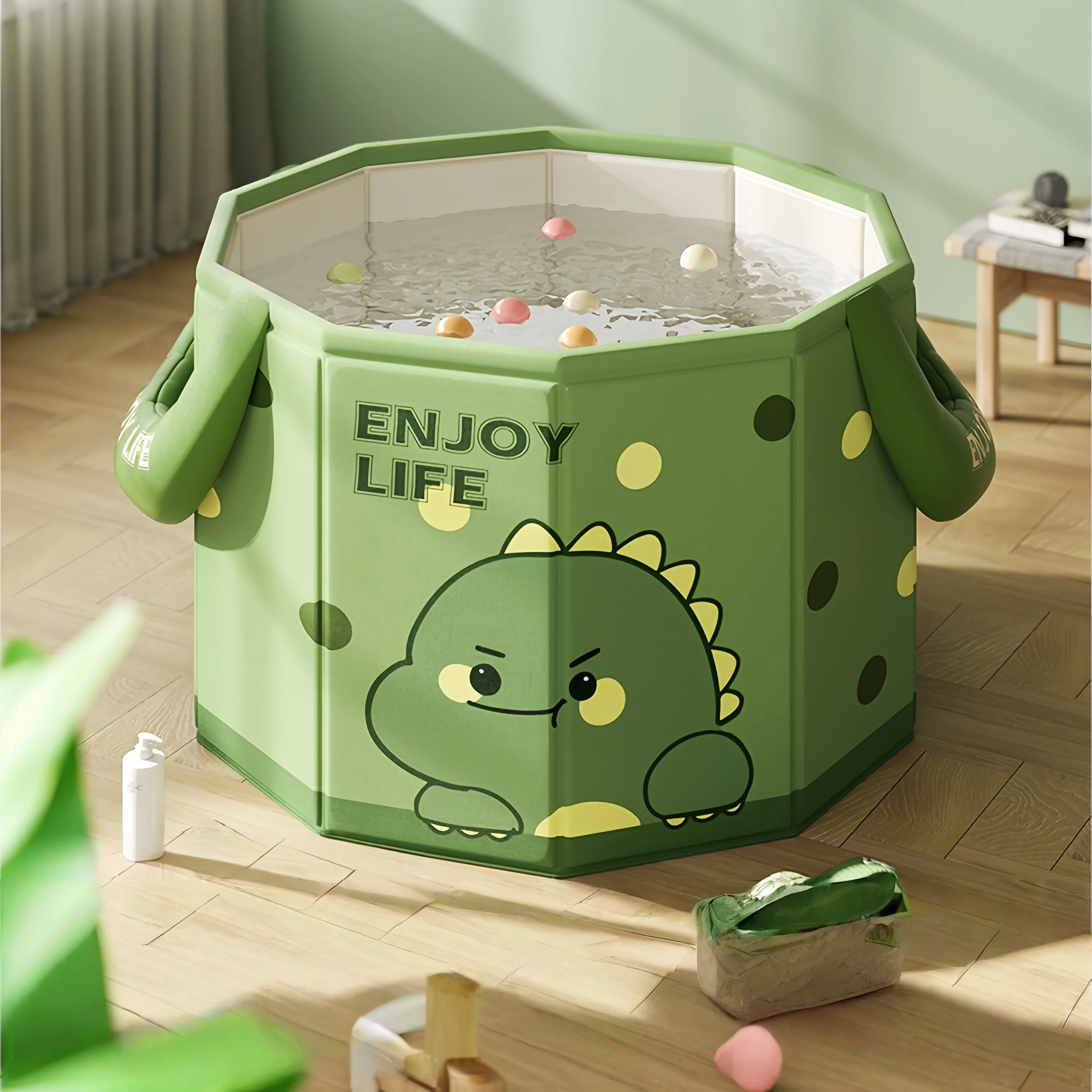 

Foldable Baby Bath Tub with Handle, Green Dinosaur Bathtub for Home Use