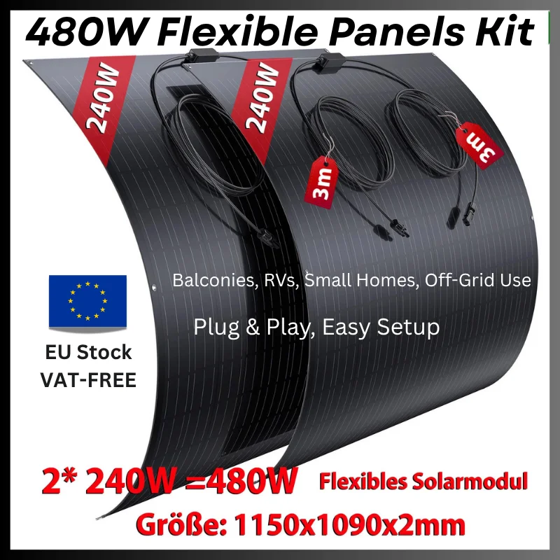 Kit Energia Solare 480W | 2 pannelli, efficienza 18, facile installazione per case, camper e sistemi off-grid, pannelli flessibili, alte prestazioni