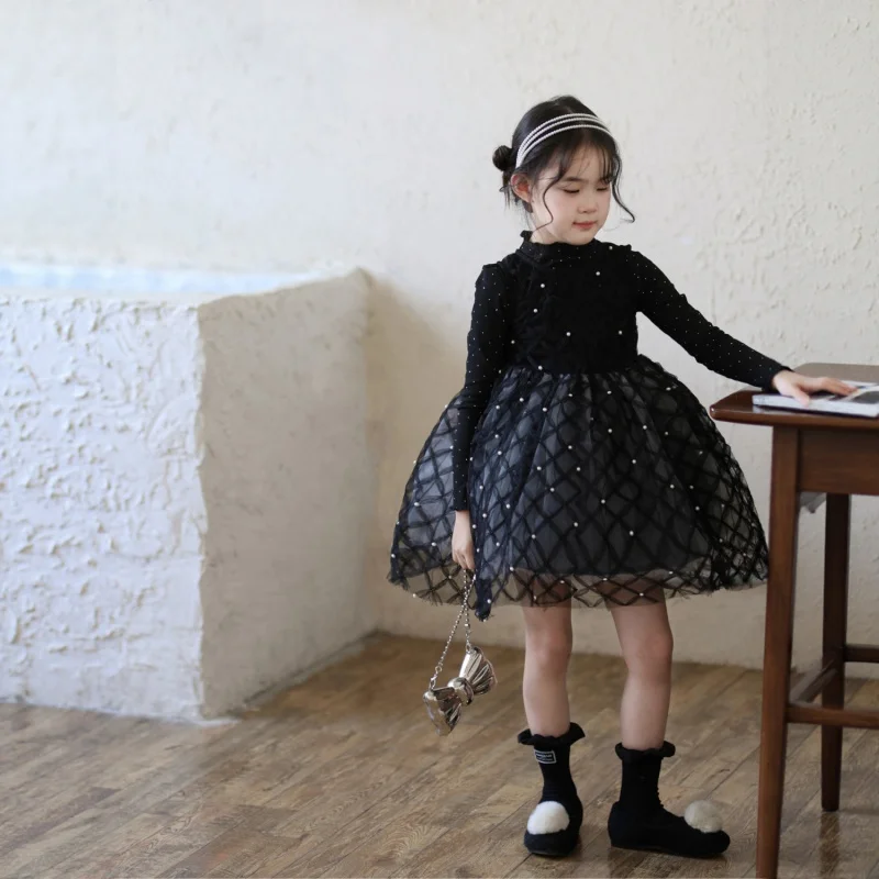 

Girls Hepburn Style Pearl Gauze Dress Tank Top Dress2025Autumn New Style Girl's Elegant Puffy Princess Dress
