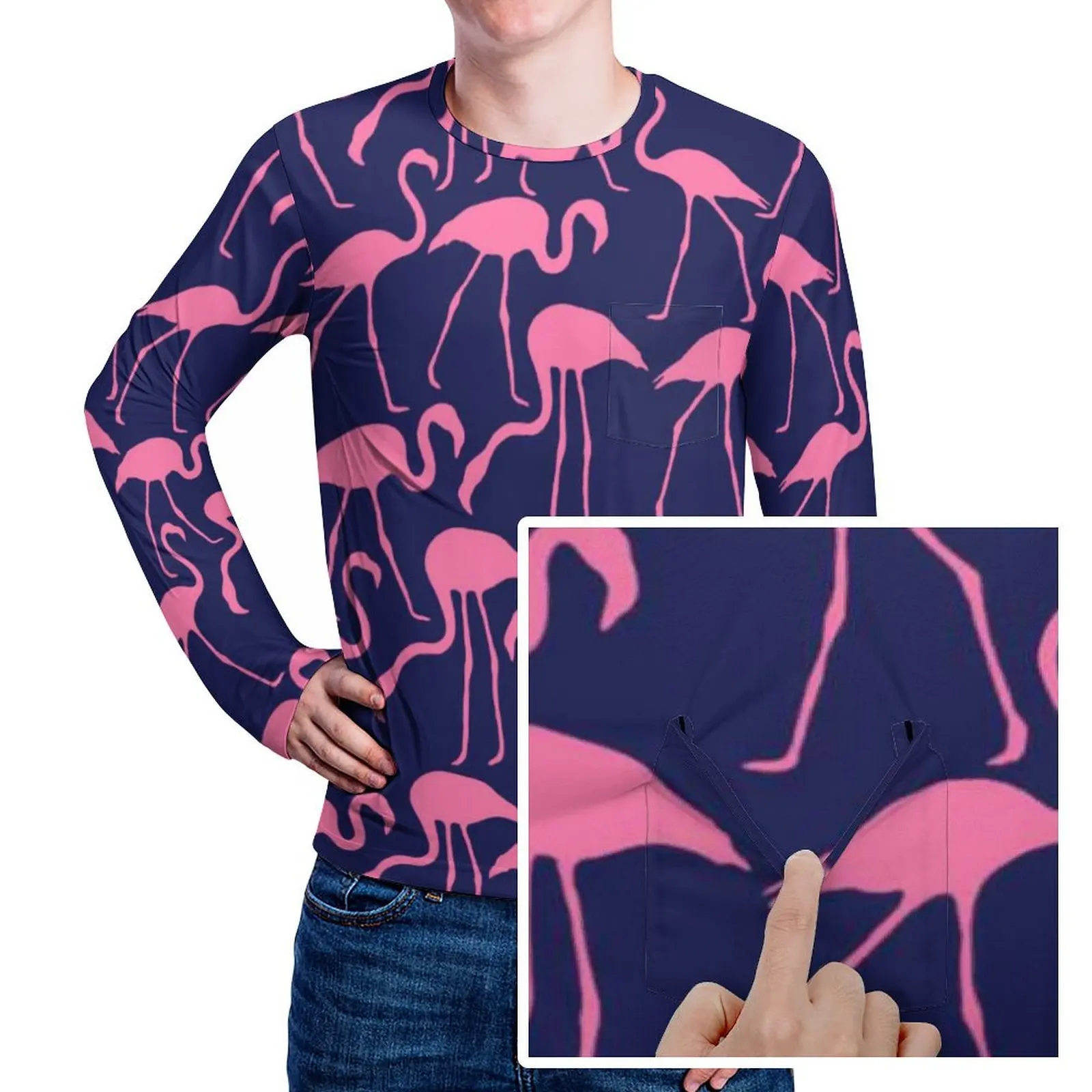 Roze Vogels Print T-shirt Flamingo Patroon Harajuku T-shirts Met Zak Lange Mouw T-shirt Lente Casual Oversize Top Tees