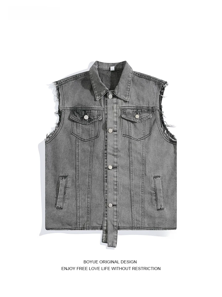 

Мужской джинсовый жилет Boyue Distred в американском стиле, модный, повседневный, в стиле рабочей одежды, хип-хоп, с подплечниками, на одной пуговице