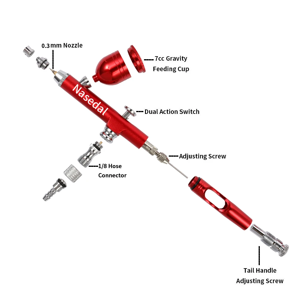 Imagem -02 - Aerógrafo Dupla Ação Alimentação por Gravidade 0.3 mm Bico Pistola Vermelho Ouro Escovas de Decoração de Bolo para Manicure de Unhas com Chave de Palha