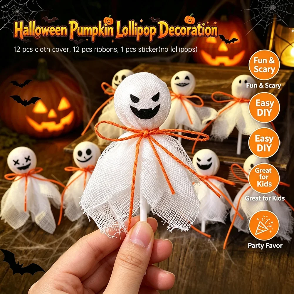 12/24Pcs Halloween Ghost Lollipop Wrapper Kit DIY Candy Making Material Pack Halloween Party Favors Kids Handmade Craft Decor