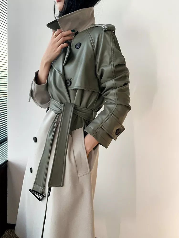 Brand Women Windbreaker Long 2023 New Spring Female\'s Trench Quality Splicing Leather Windproof Cloak Ladies Trench coats