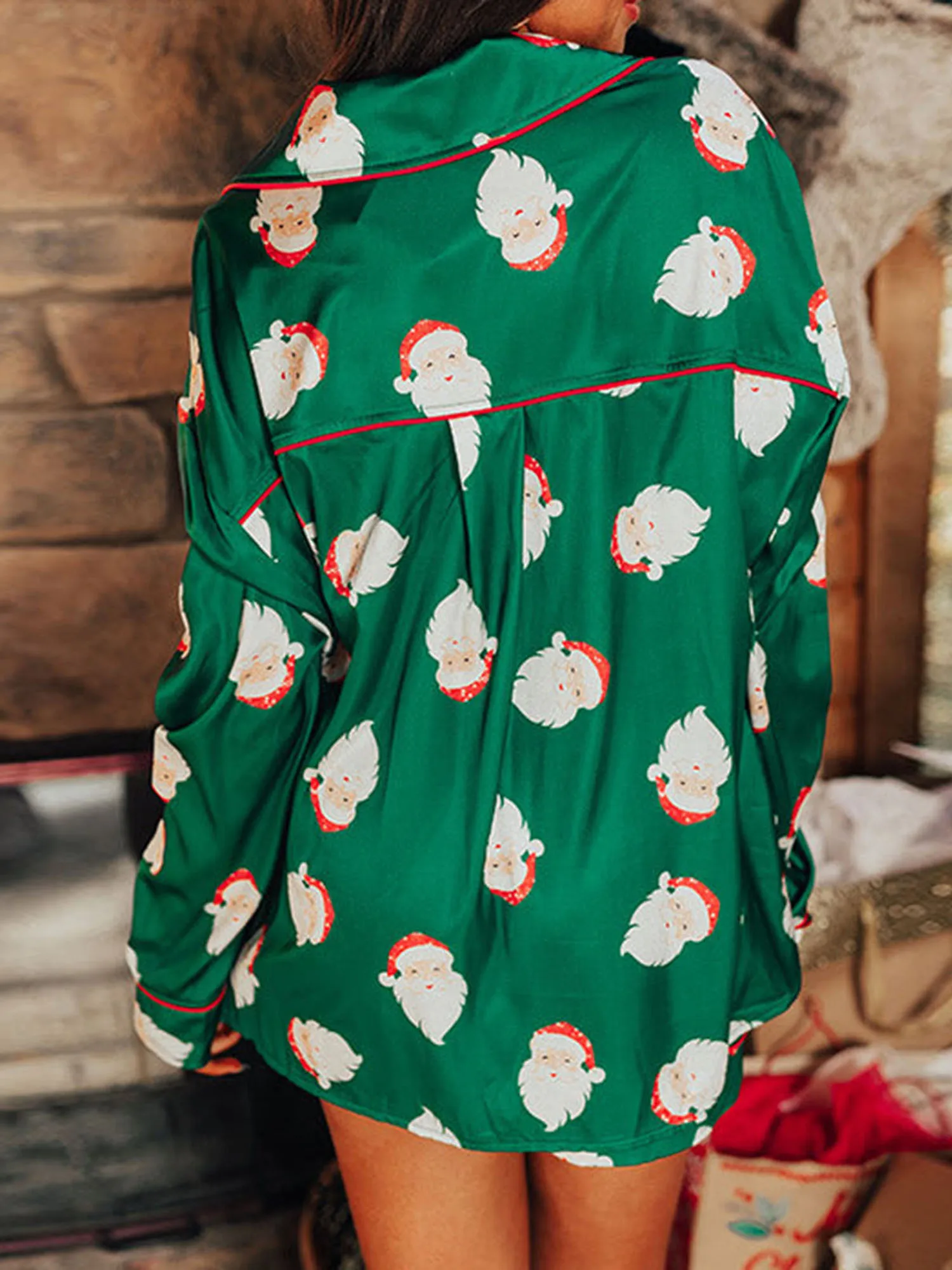 Women Christmas Pajamas Shorts Sets Xmas Tree Printed Long Sleeve Button Down Shirt Lounge Set 2 Piece Pjs Sleepwear