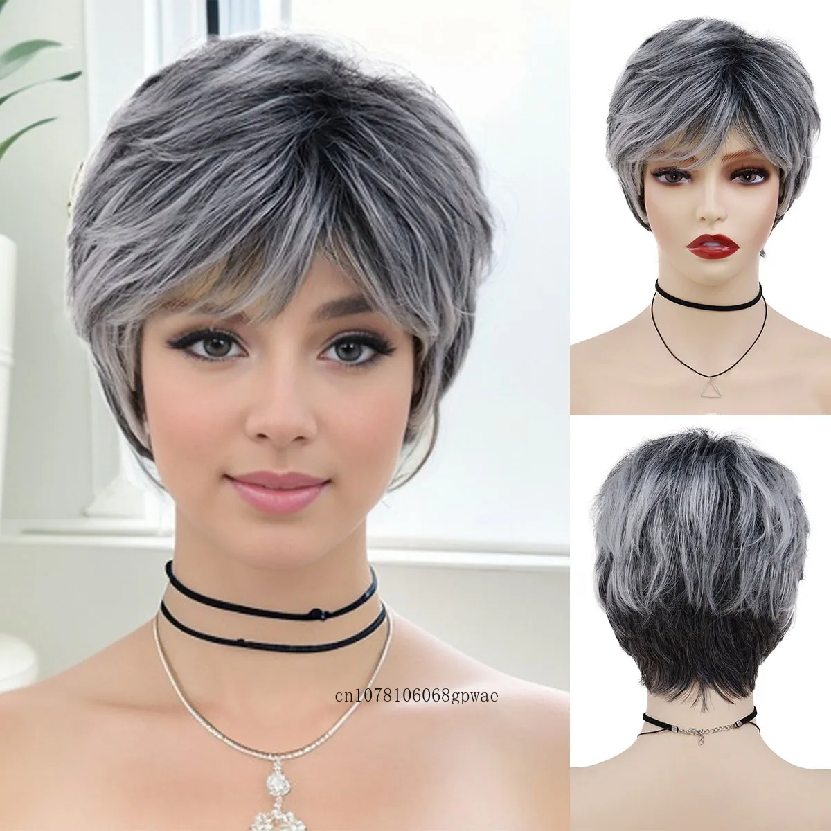 

Synthetic Hair Mix Grey Wig with Bangs for Women Lady Grandma Short Pixie Cut Highlight Wigs Daily Cosplay Costume Party Use