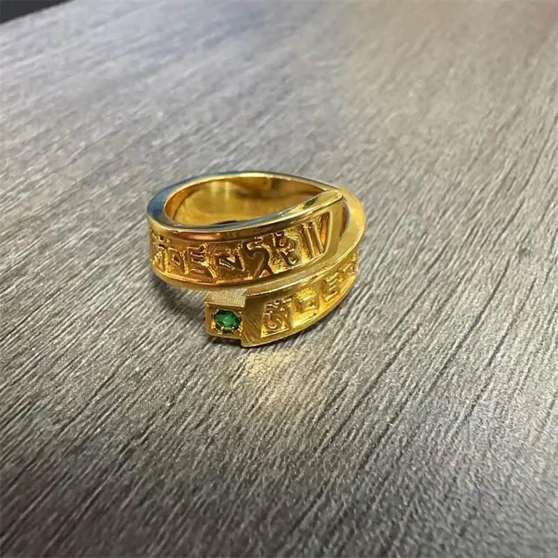Blessing Green Tara Ring For Women Jewelry Ethnic Style Relief Scripture Ring Men Finger Accessories With Stone