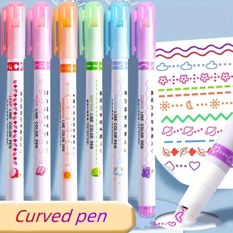 6color Curve Fluorescent Pen Journal Lace Pen, Wave Flower-shaped Fluorescent Pen, DIY Contour Curve Pen Highlighting Marker Pen