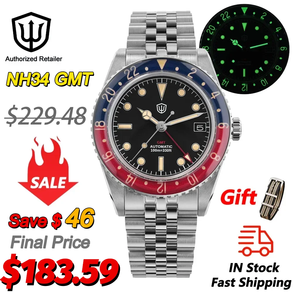 

Watchdives WD6542 GMT Mechanical Watch NH34 38mm Bubble Sapphire Crystal Luminous Stainless 10Bar Waterproof Black GMT Watch