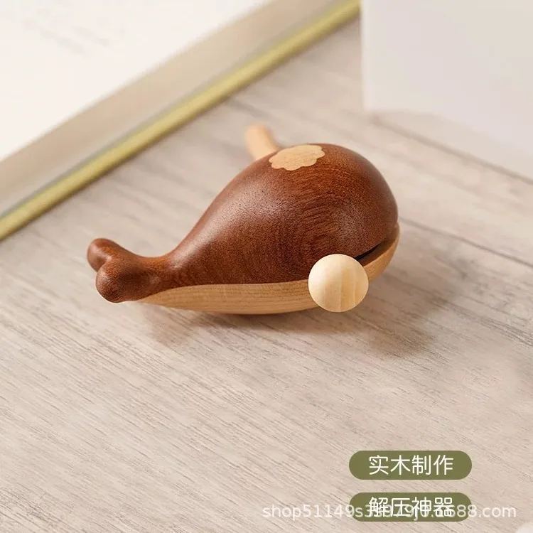 Solid Wood Whale Fish Figurine Cute Desktop Ornament Stress Relief Buddhist Style Creative Hand Play Home Decor Gift Accessory