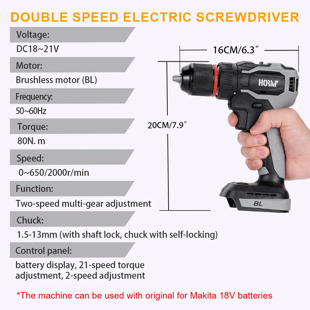 สว่านกระแทกไร้สาย 18V - แรงบิดสูงสุด 80N. มอเตอร์ไร้แปรงถ่าน 50-60Hz สว่านไขควงสําหรับเครื่องมือไฟฟ้าระดับมืออาชีพ