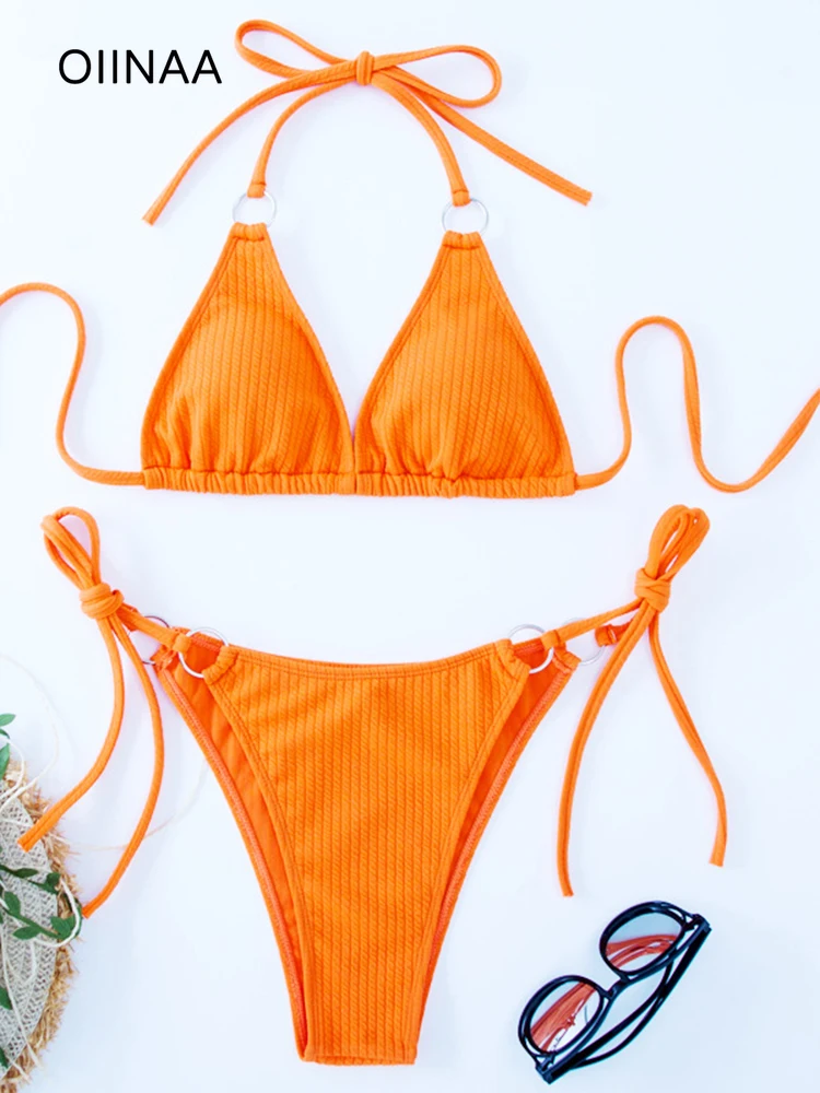 OIINAA Bathing Suit Women Sexy Halter Swimsuit Orange Bikini Set Two-piece Summer Lace Up Thong Biquinis Drawstring Beach Wear