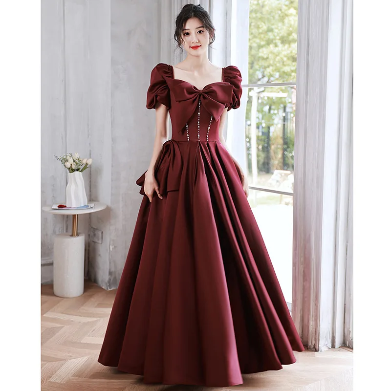 2025 New Women's Wine Red One Shoulder Butterfly Knot Decorative Dress Fashionable Slimming Back Strap Long Elegant Dress