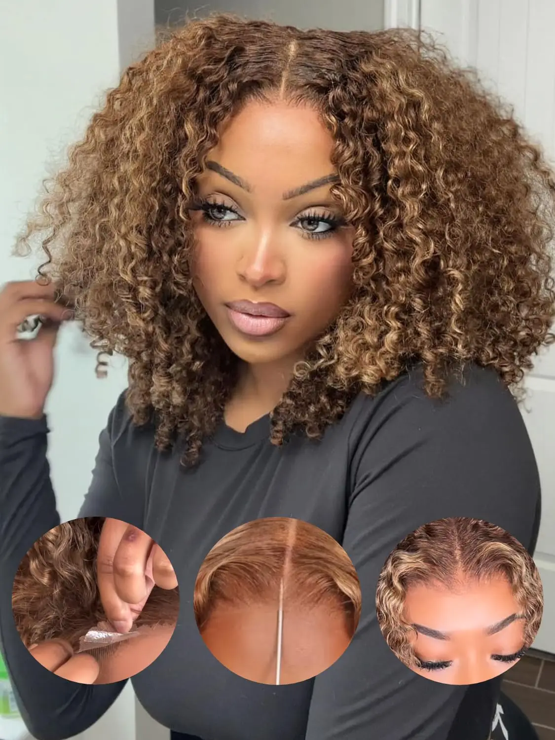 

Curly Human Hair Lace Front Wig Highlight Honey Blonde Curly 13x4 Lace Front Pre Cut Lace With Baby Hair 180 Density Wear and Go