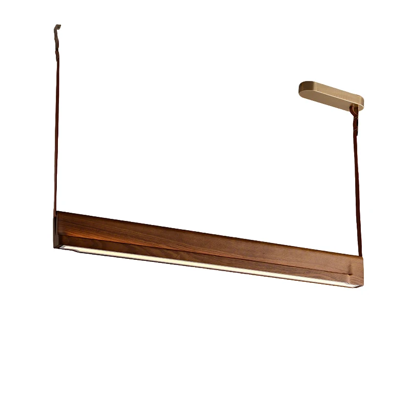 Solid Wood Linear LED Pendant Light 59W Dimmable Natural Wood Color Modern Leather Hanging Lamp for Dining Room Kitchen Island