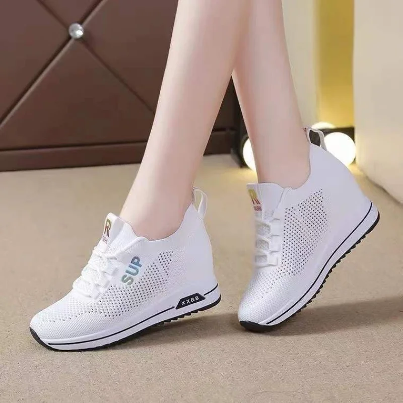 Women\'s Shoes Summer Hidden Heel Wedges White Pink Sneakers Female Platform Breathable Mesh Black High Heel Casual Shoes2023