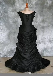 Iridescent Ball Gown Gothic Victorian Black Wedding Dresses Train Vampire Masquerade Halloween Unique Button Bridal Dress