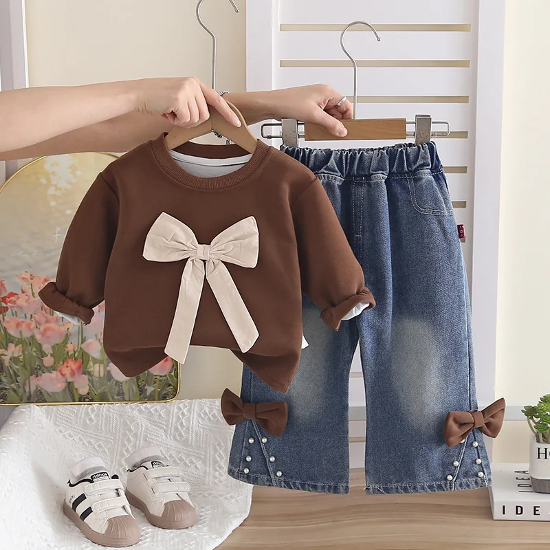 Toddler Girls Outfits 2026 Spring Autumn Baby Girl Clothes Cute Bowknot Pullover Sweatshirt and Pants 2 Piece Set Kids Clothing