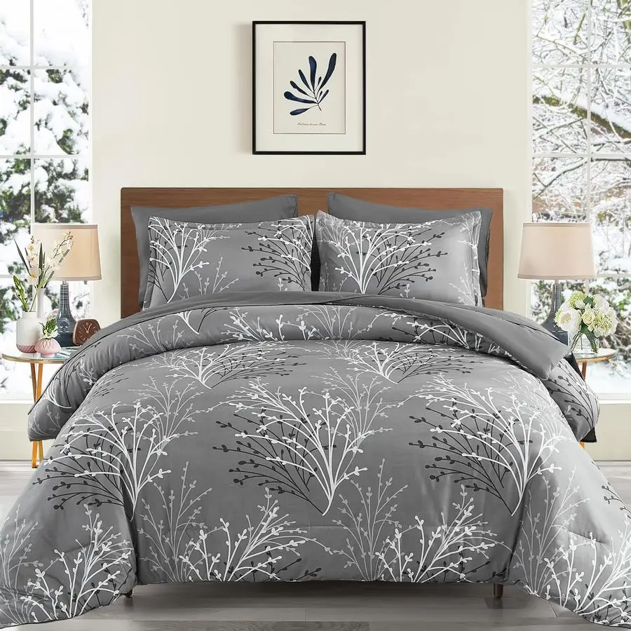 

Gray Comforter Set Queen Size Branch Botanical Bed in a Bag 7 Piece Grey Floral Comforter Soft Microfiber Branches Pattern Beddi