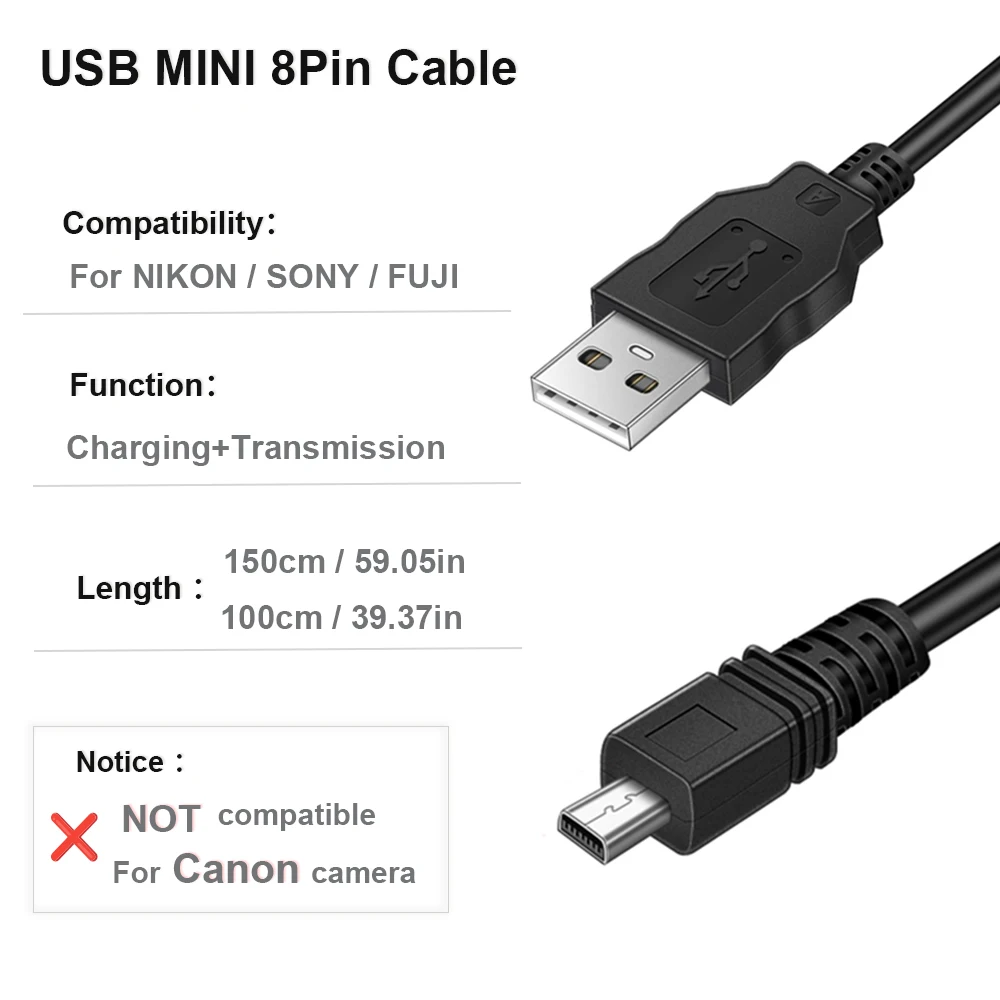 UC-E6 Cámara digital Cable de datos USB Mini 8 pines para Nikon CoolPix Fuji Panasonic Olympus Sony 1M 1,5 M